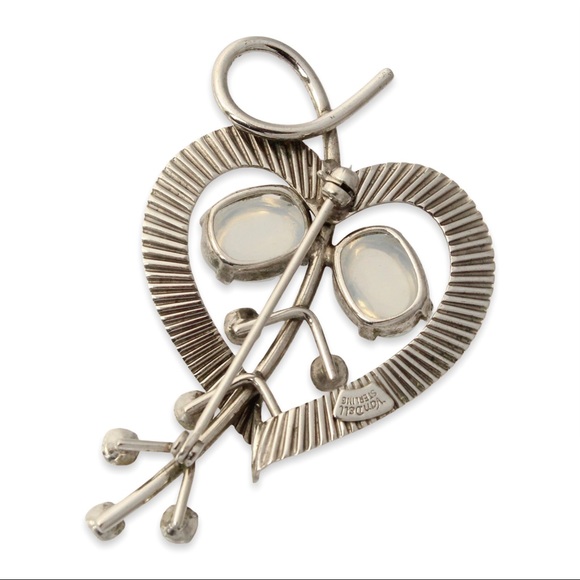 Vintage Van Dell Sterling Silver Heart Brooch Pin Faux Moonstone Blue Rhinestone - Picture 4 of 6